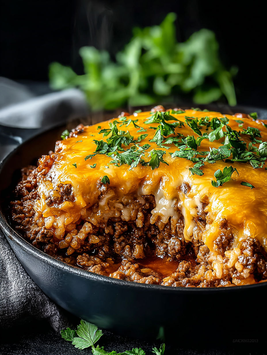 A cheesy hamburger rice casserole with green onions on top.