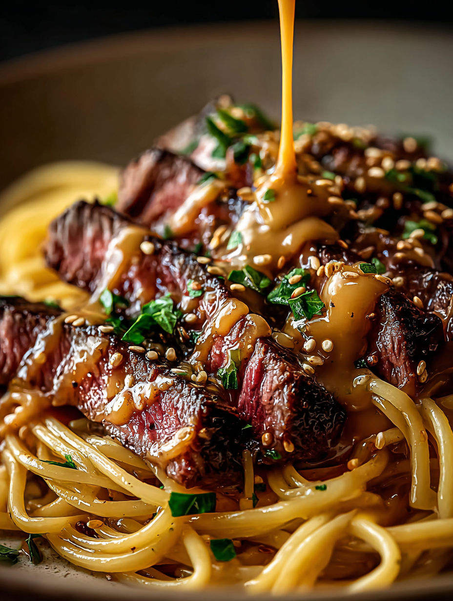 A close up of a delicious steak with garlic butter and lightning noodles.