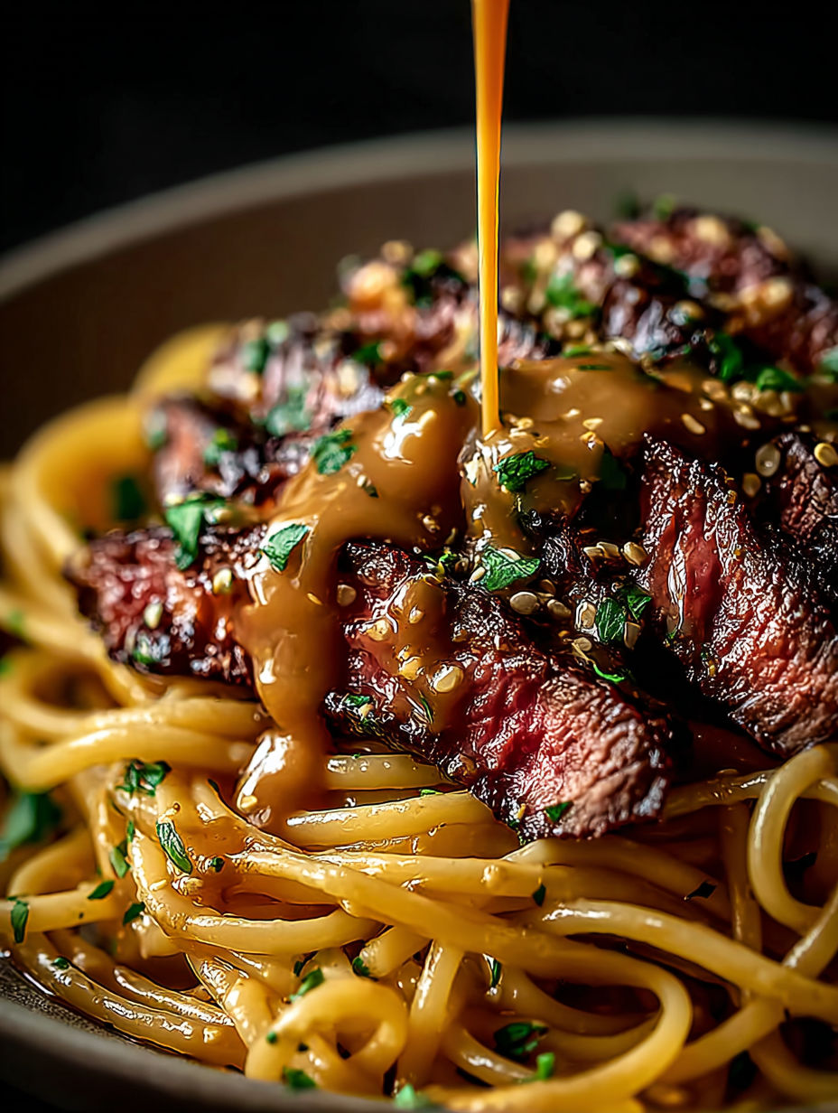 A close up of a piece of steak with garlic butter drizzled on top.