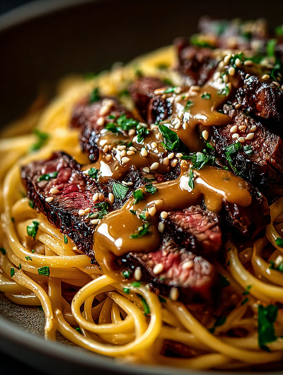 A plate of steak with garlic butter and lightning noodles.