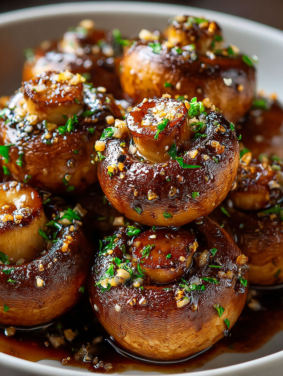 A close up of garlic butter mushrooms.