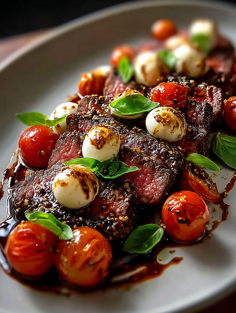 A grilled flank steak with tomatoes and cheese.