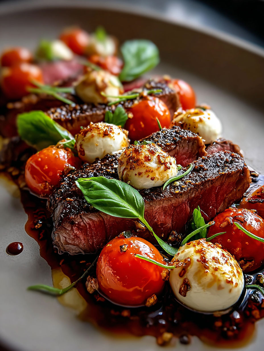 A grilled flank steak with tomatoes and cheese.