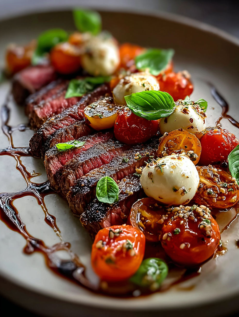 A grilled flank steak with tomatoes and cheese.