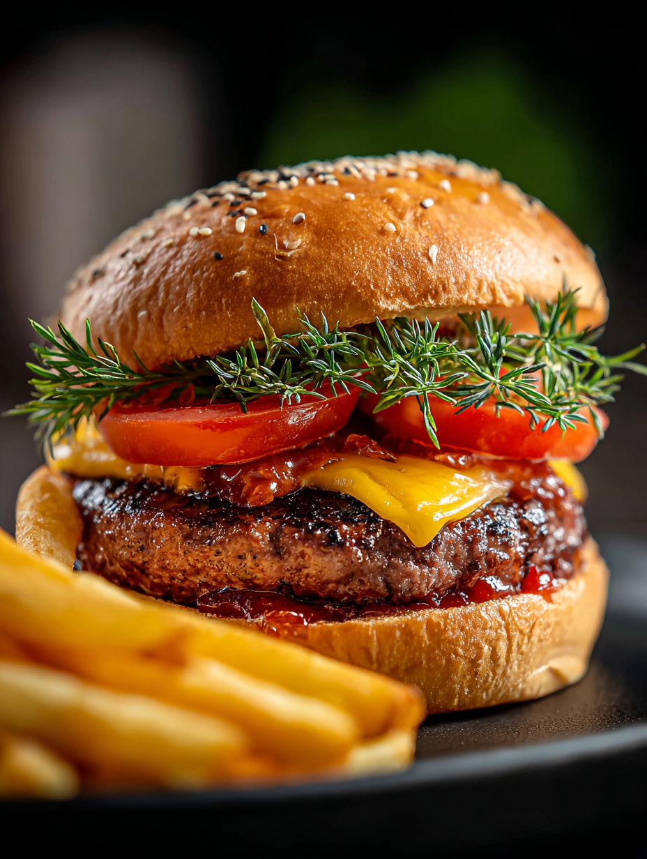 A hamburger with tomatoes and herbs on top.