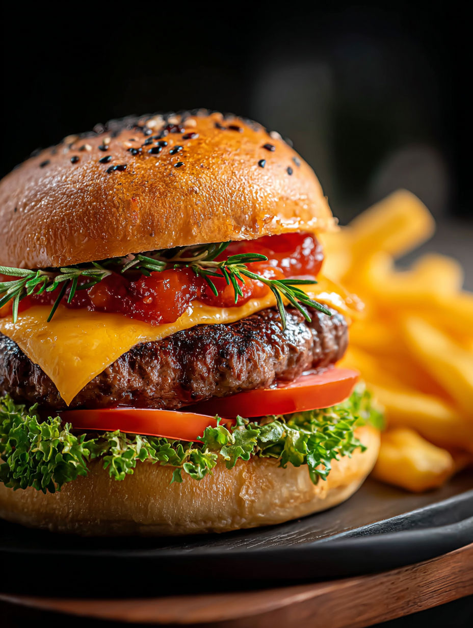 A hamburger with tomatoes and lettuce on a bun.