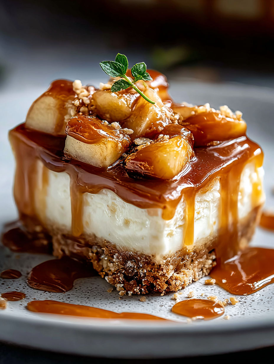 A slice of salted caramel apple pie cheesecake.