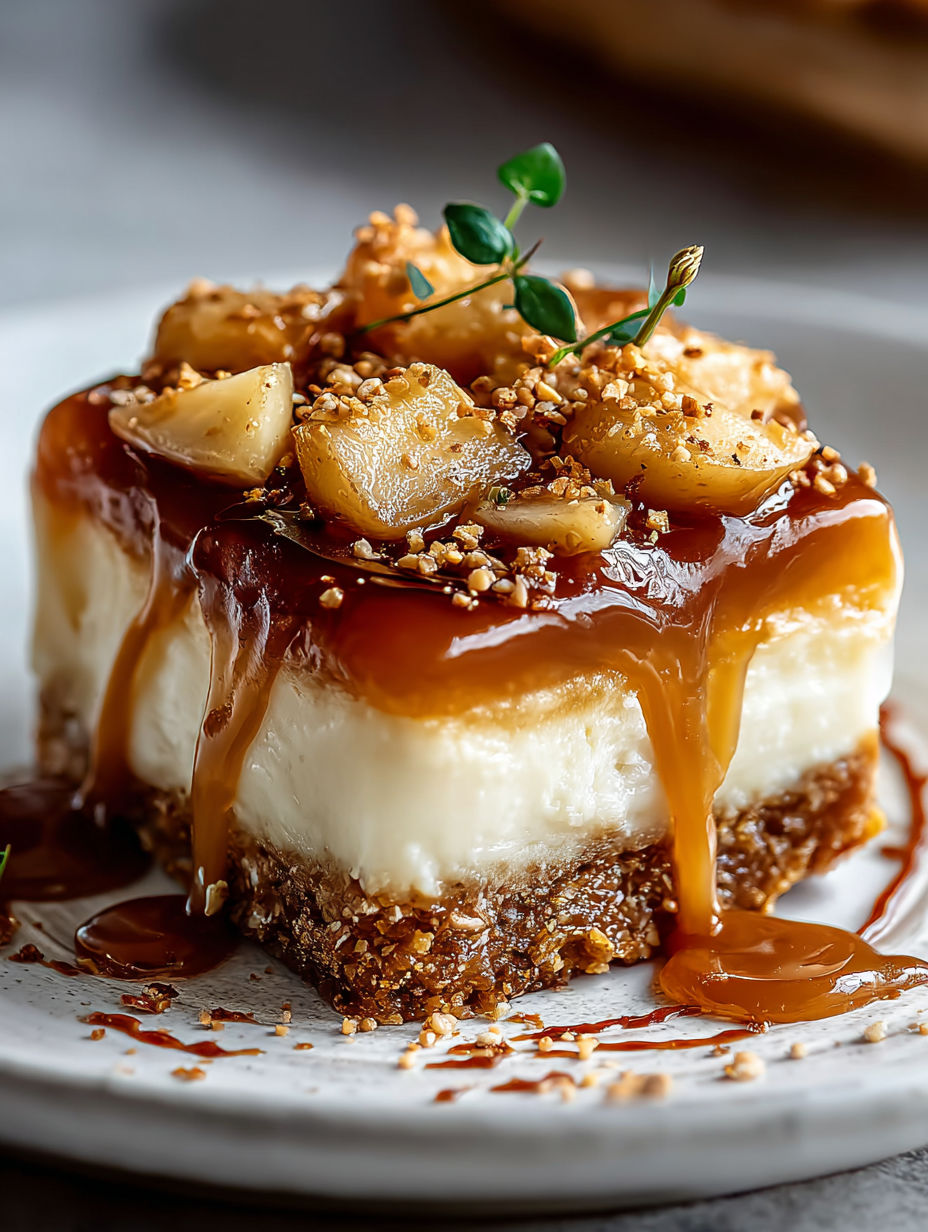 A slice of salted caramel apple pie cheesecake.