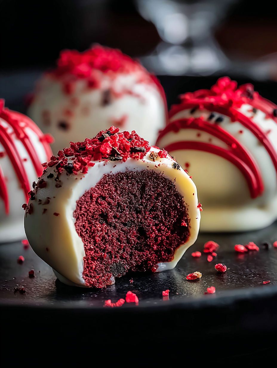 Red velvet cake pops on a black plate.