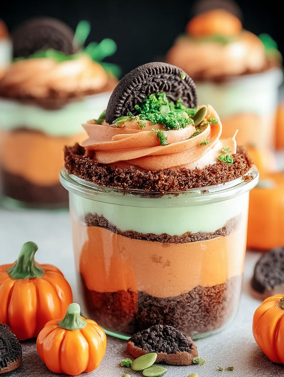 A cup of pumpkin pie with a cookie on top.