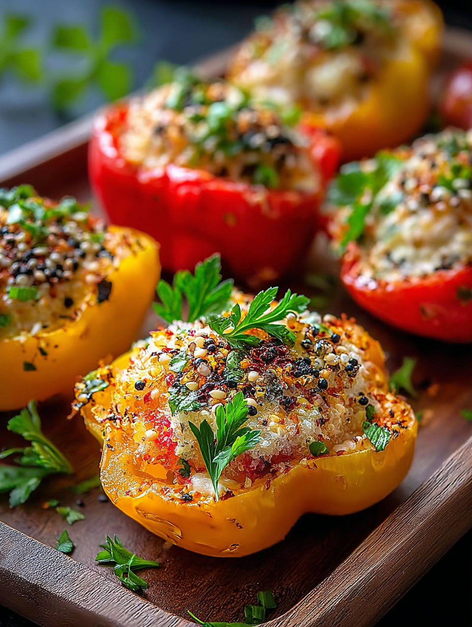 Stuffed peppers on a wooden cutting board.