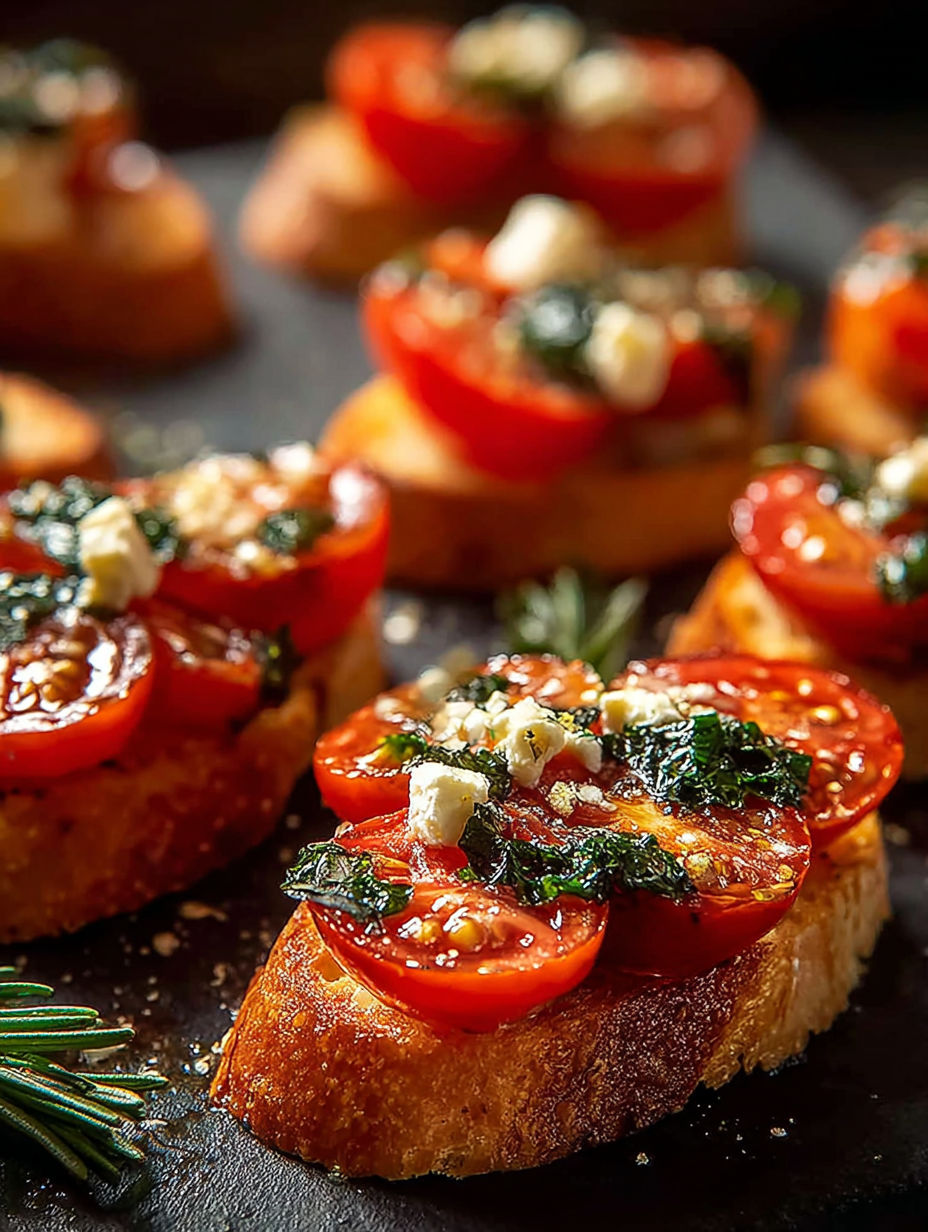 A plate of crostini with tomatoes and basil.