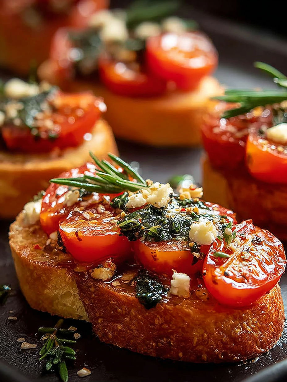 A plate of crostini with tomatoes and basil.