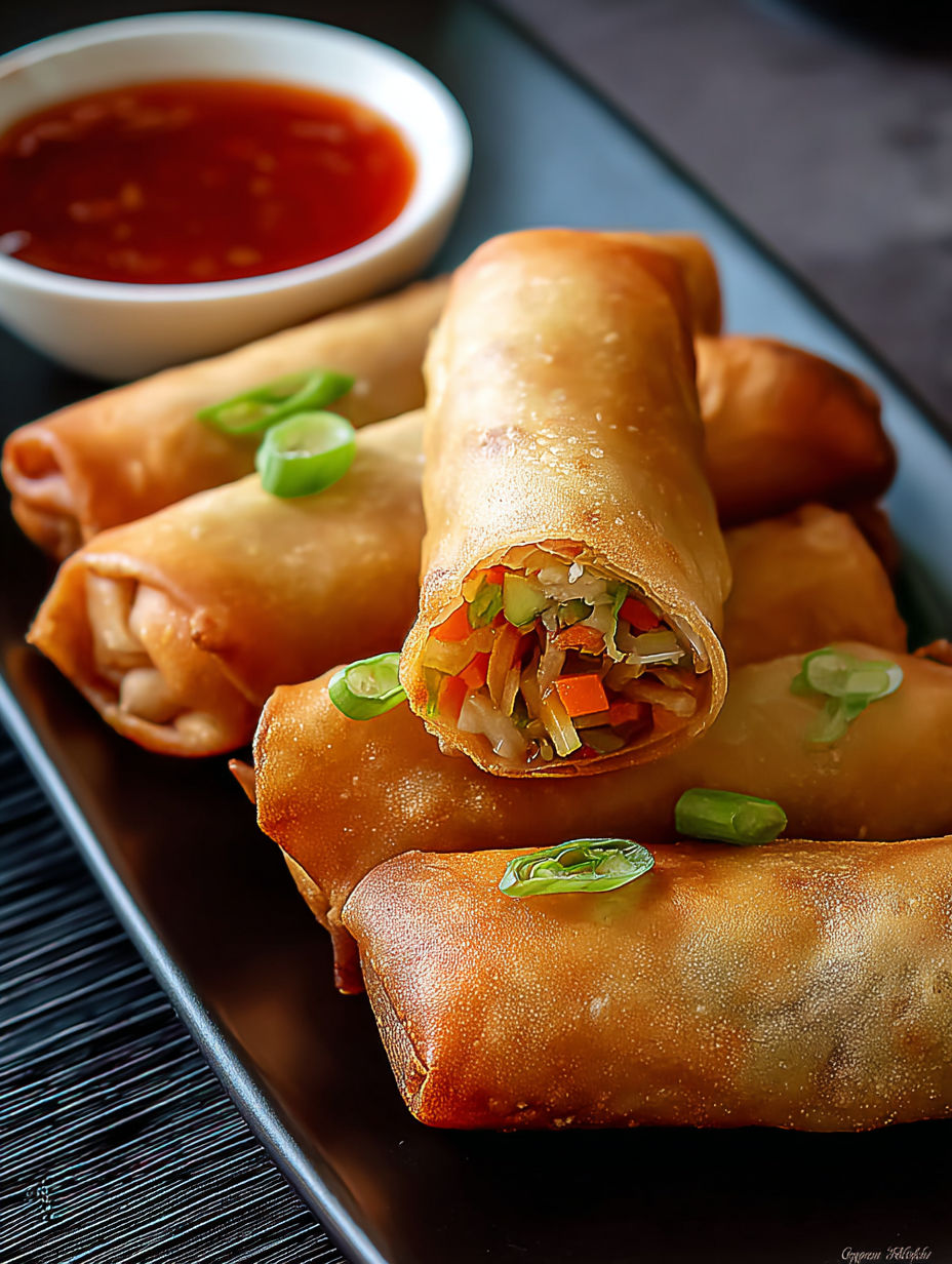 A plate of crispy vegetable spring rolls.
