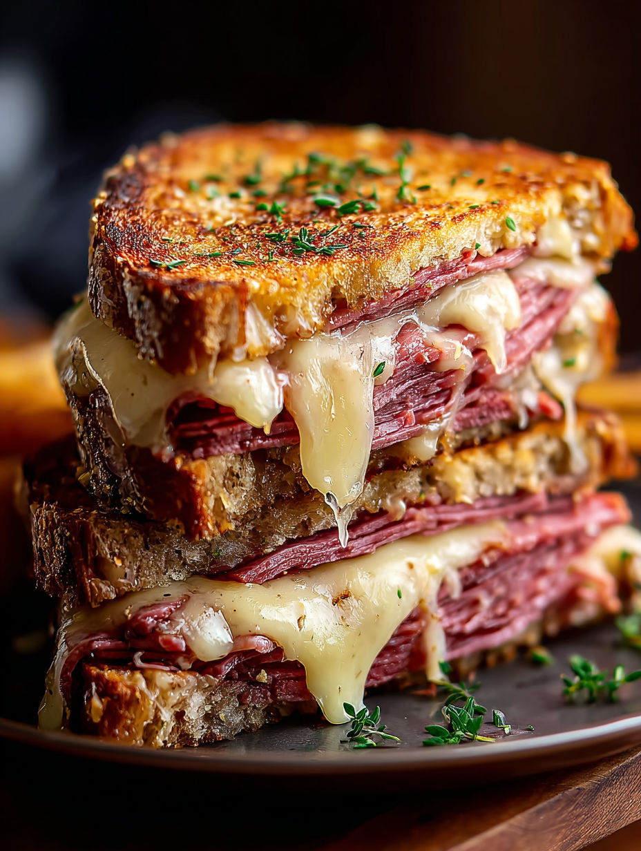 A stack of three Reuben sandwiches.
