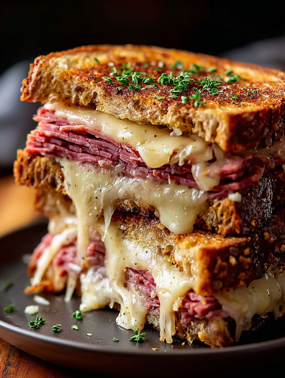 A stack of three Reuben sandwiches.