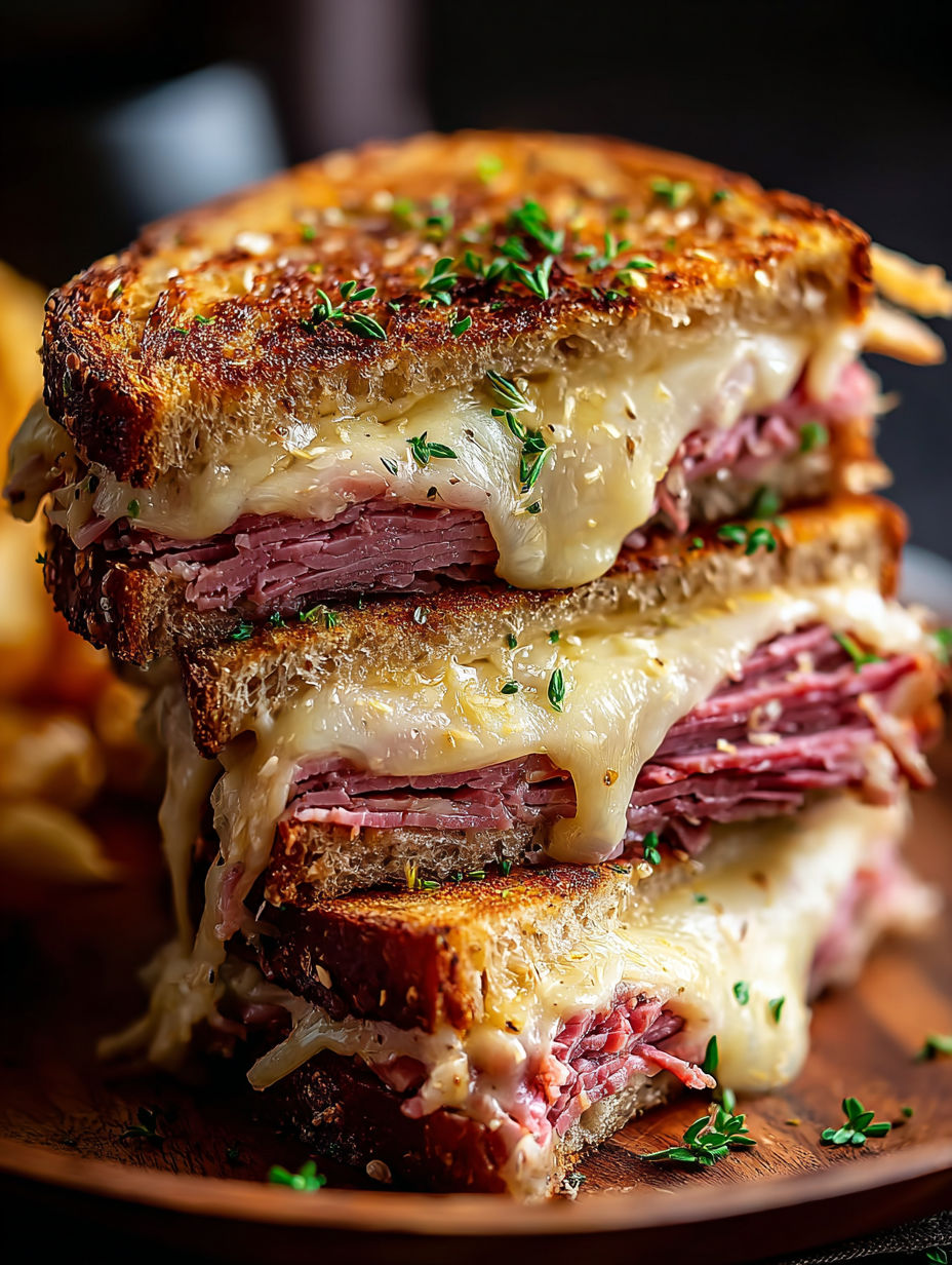 A stack of three Reuben sandwiches.