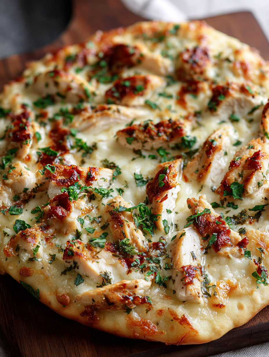 A pizza with chicken and cheese on it.