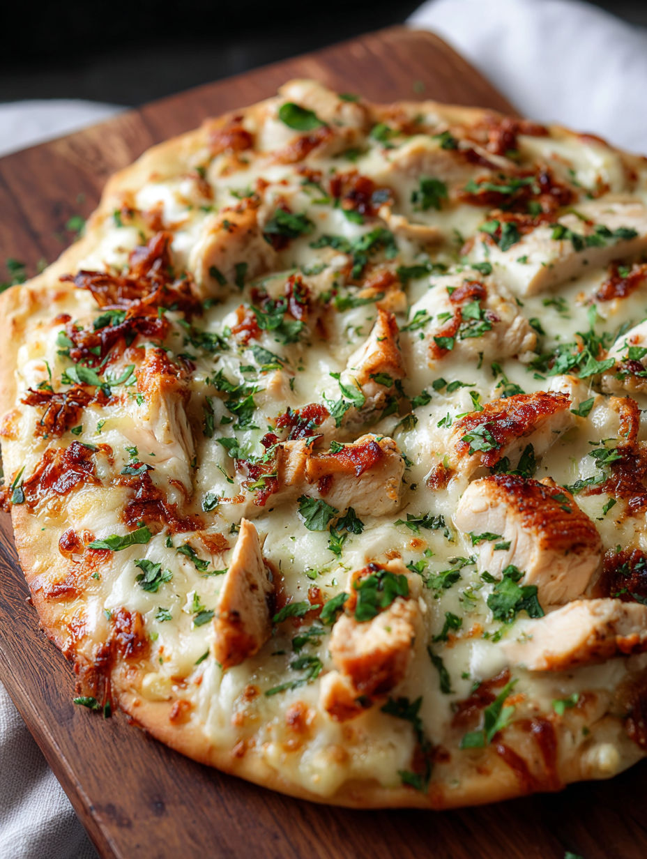 A flatbread with chicken and cheese on it.
