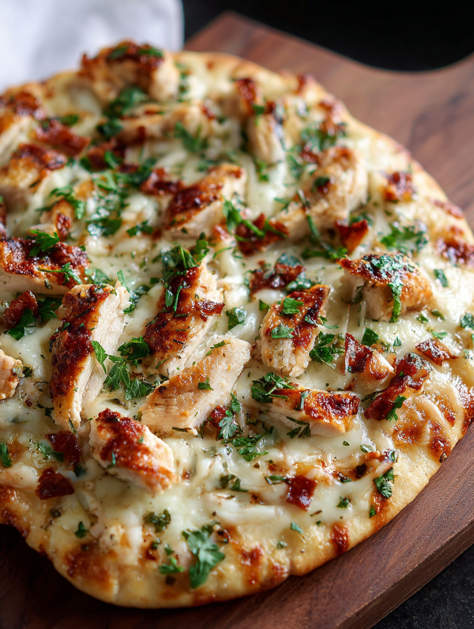 A pizza with chicken and cheese on it.