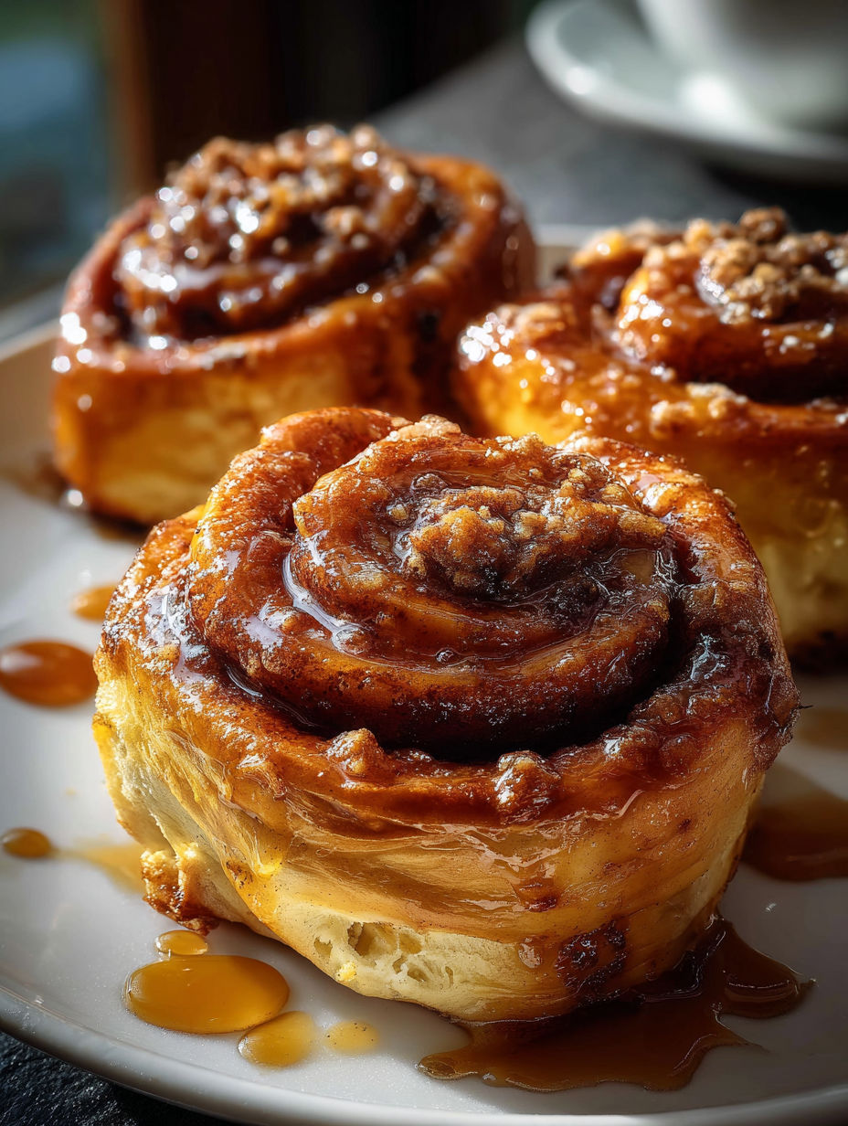 Three fluffy coffee cinnamon rolls on a plate.