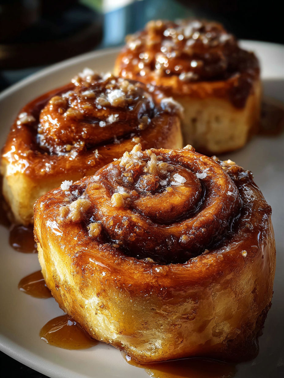 Three fluffy coffee cinnamon rolls on a plate.