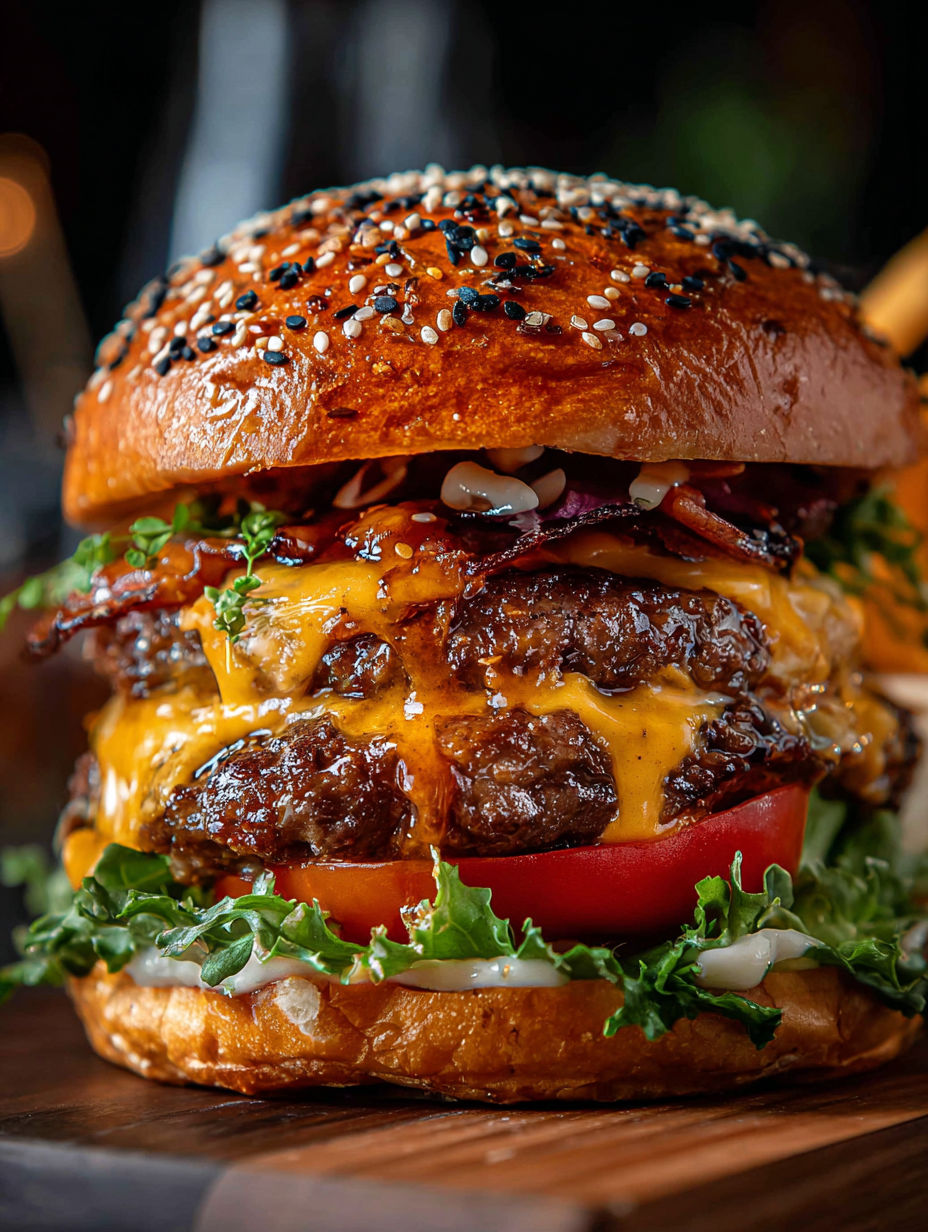 A close up of a burger with bacon, lettuce, tomato, and cheese.
