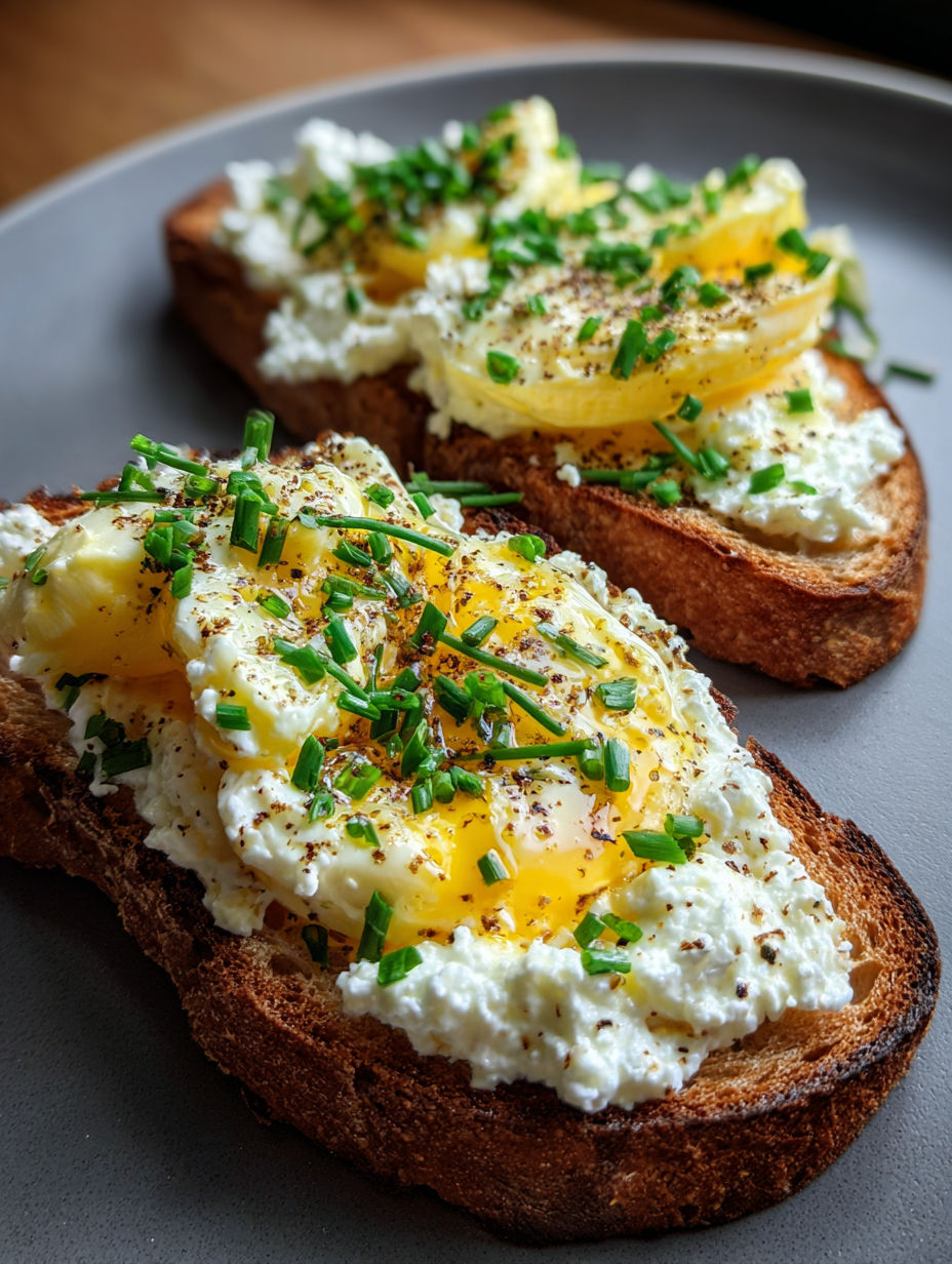 Two pieces of toast with ricotta and egg on top.