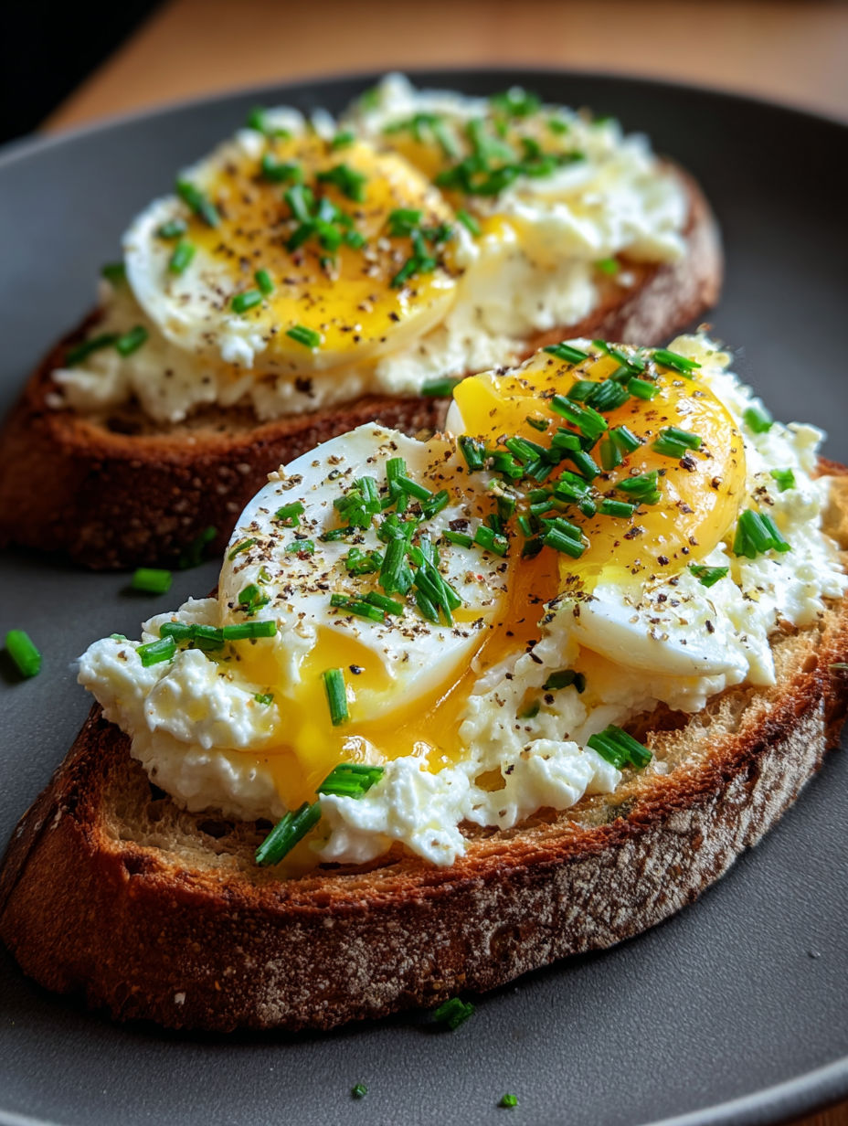 Two pieces of toast with eggs and cheese.