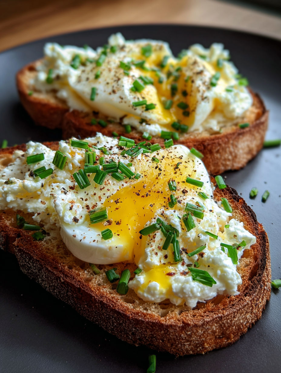 Two pieces of toast with ricotta and egg on top.