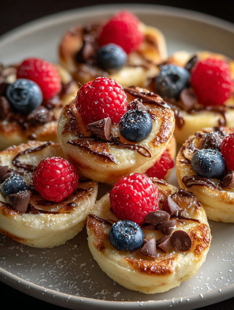 A plate of pancake bites with raspberries and chocolate.