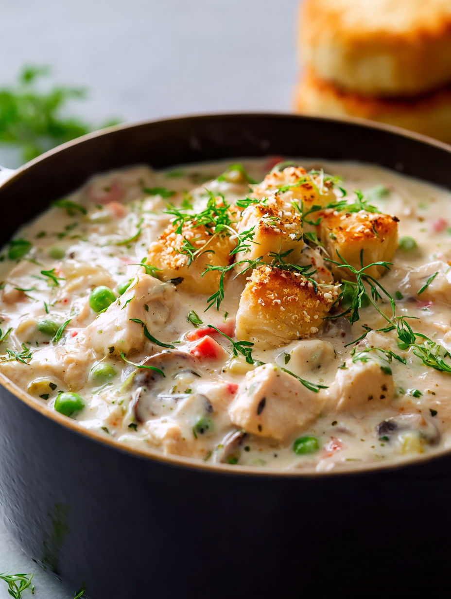 A bowl of chicken a la king with vegetables.