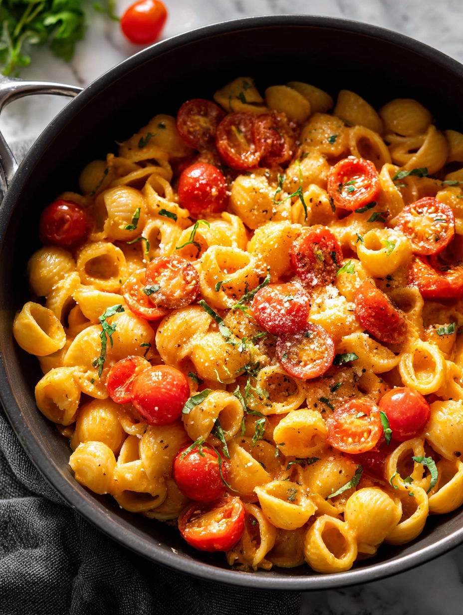 A bowl of pasta with tomatoes and cheese.
