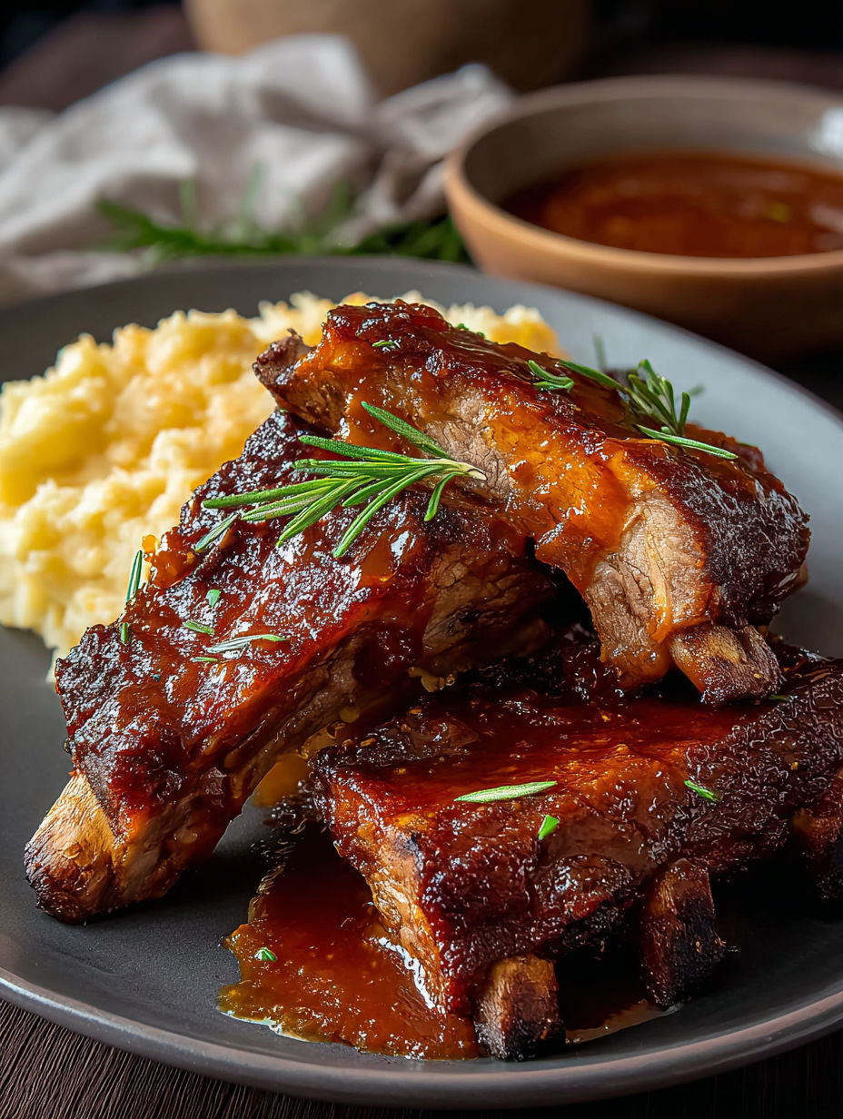 A plate of ribs with sauce on it.