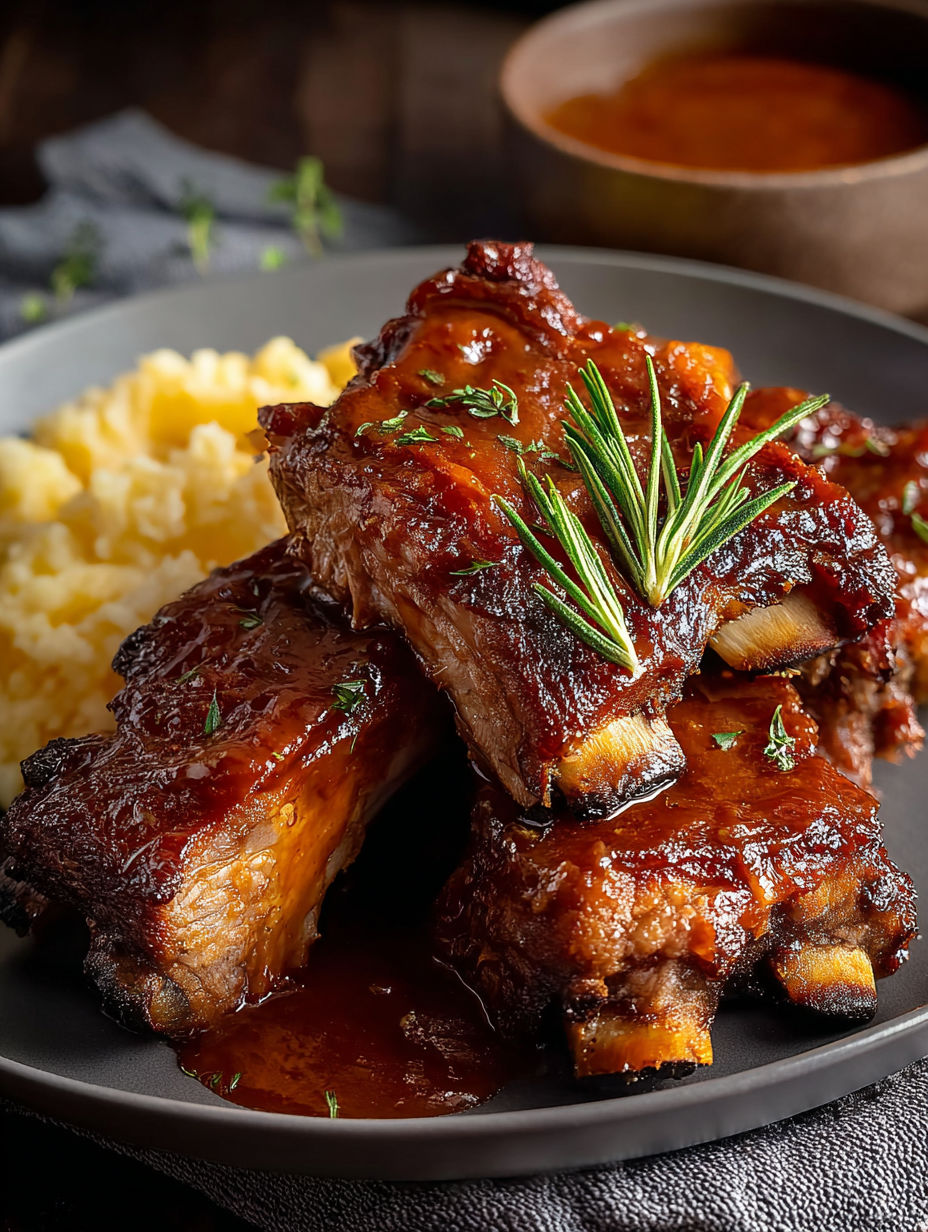 A plate of ribs with a spoonful of sauce on top.