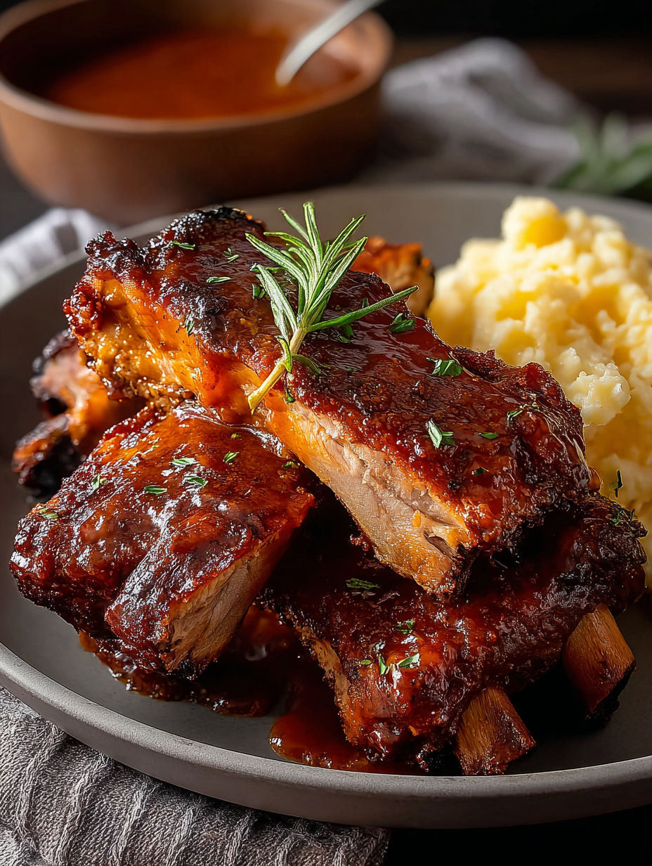 A plate of ribs with a sprig of parsley on top.