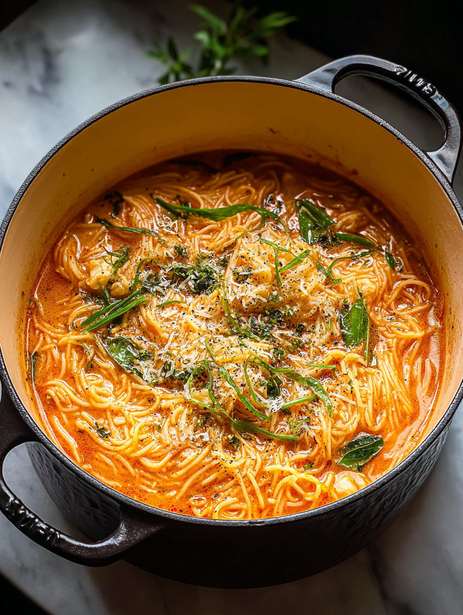 A pot of soup with noodles and vegetables.