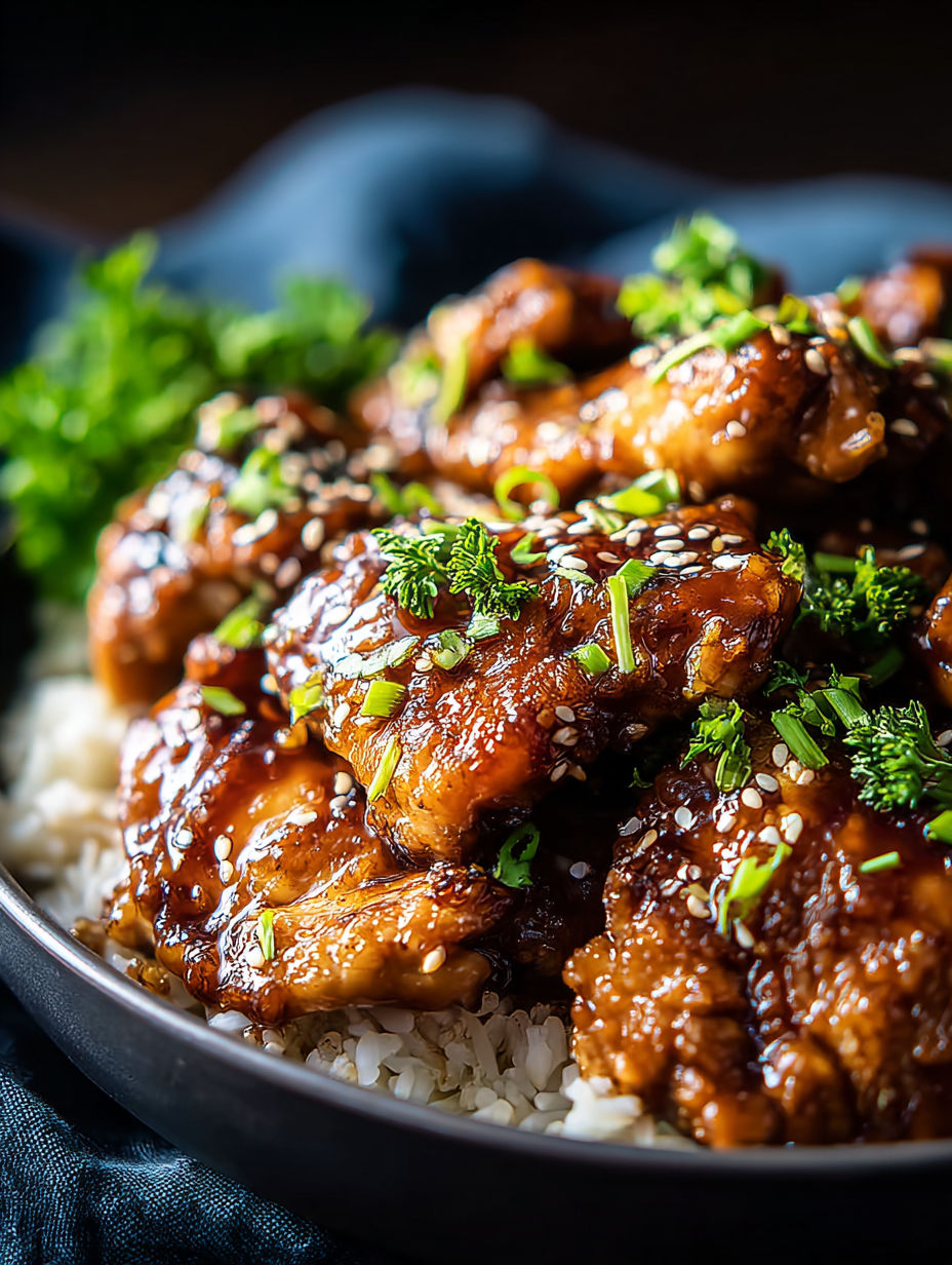 A plate of chicken thighs with rice and garnish.