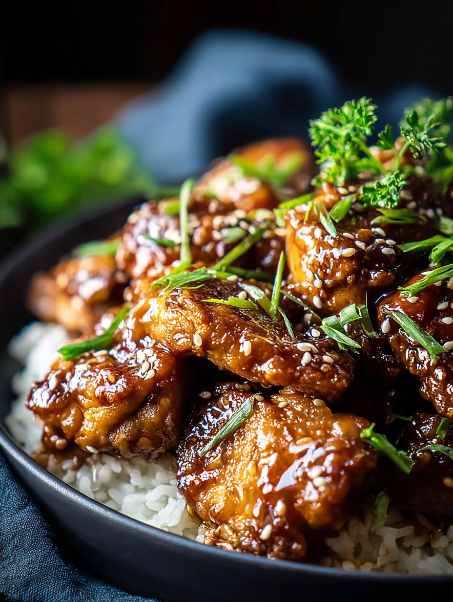 A bowl of chicken thighs with rice and herbs.