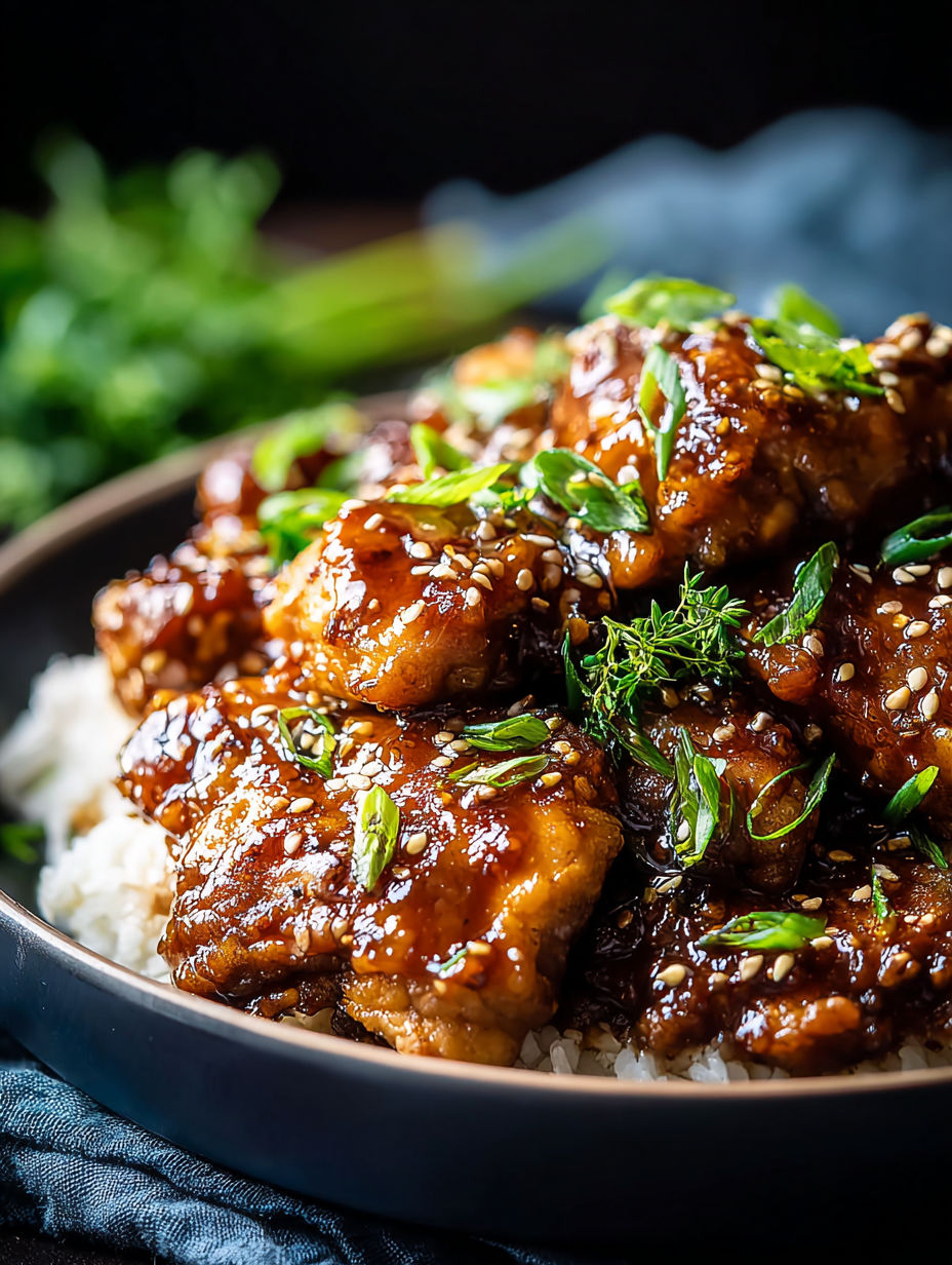 A plate of chicken thighs with rice and herbs.