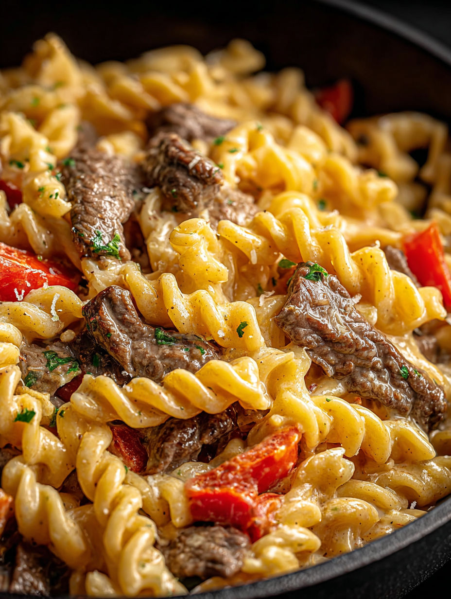 A close up of a delicious Philly Cheesesteak Pasta.