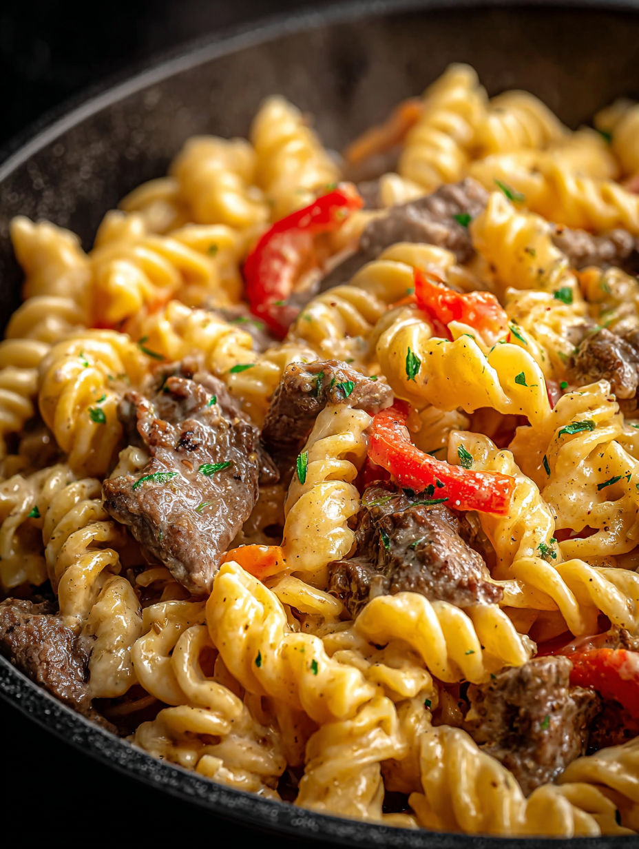 A close up of a delicious Philly Cheesesteak Pasta.
