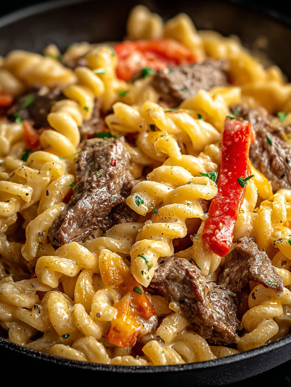 A close up of a delicious Philly Cheesesteak Pasta.