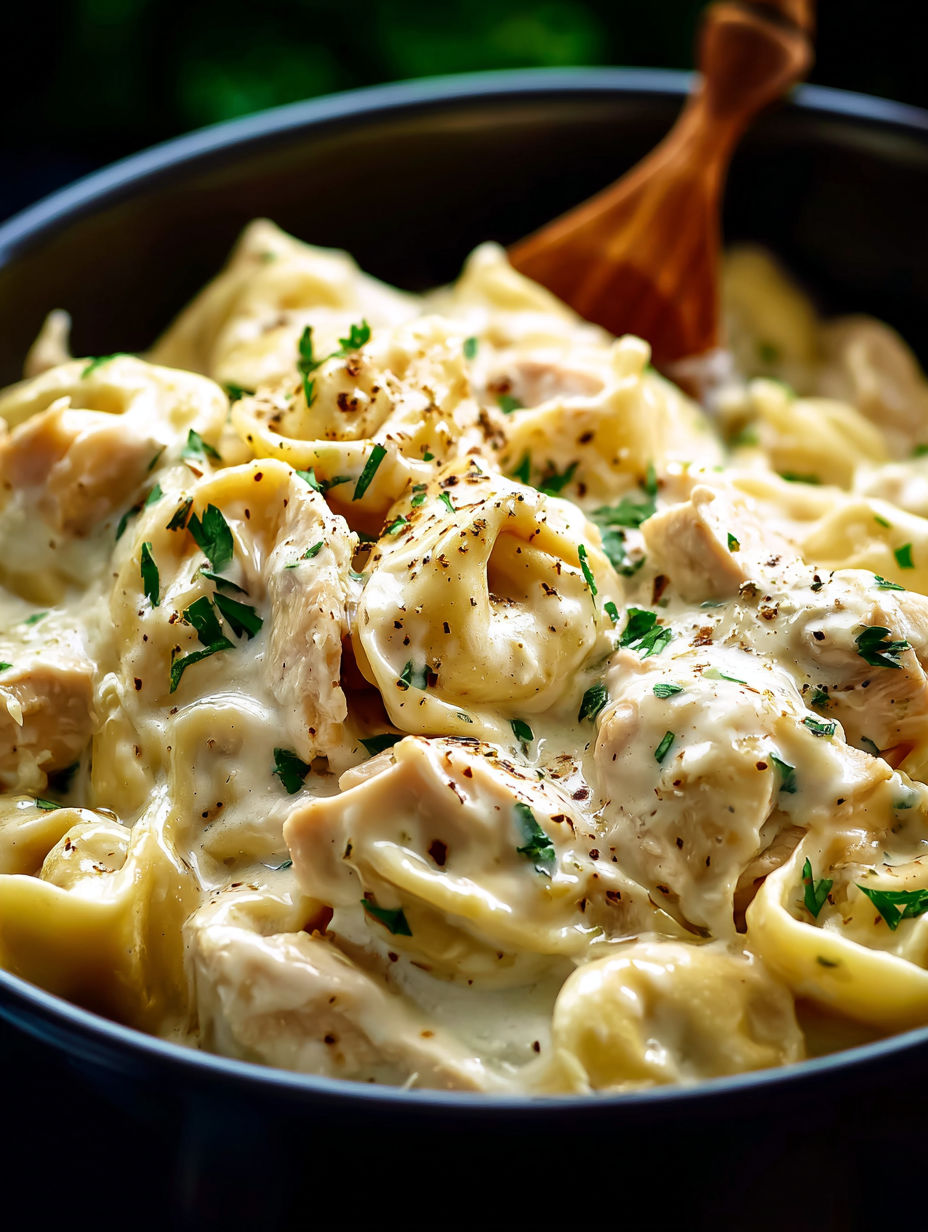 A bowl of pasta with chicken and cheese.