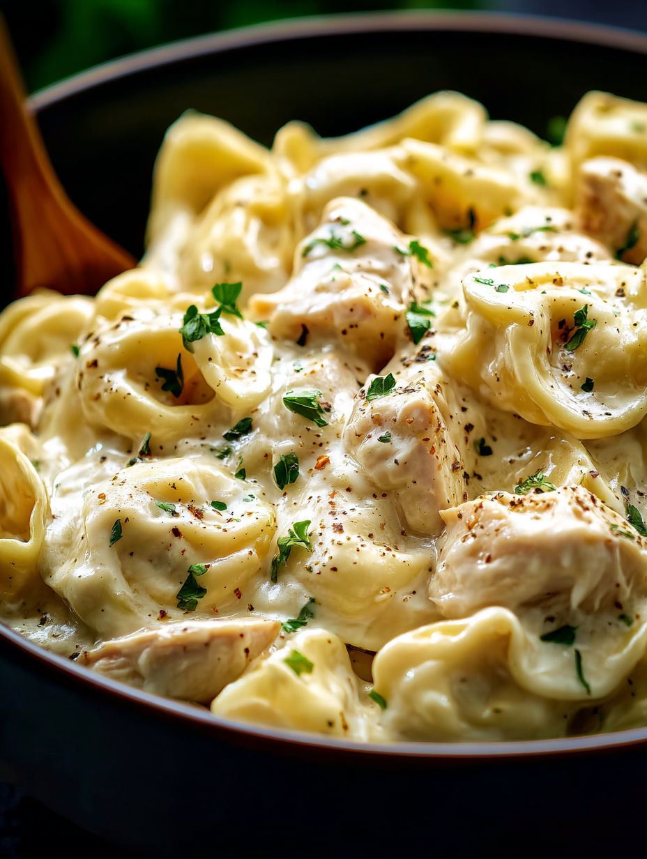 A bowl of chicken alfredo tortellini.