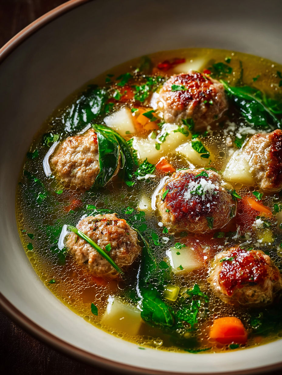 A bowl of soup with meatballs and greens.