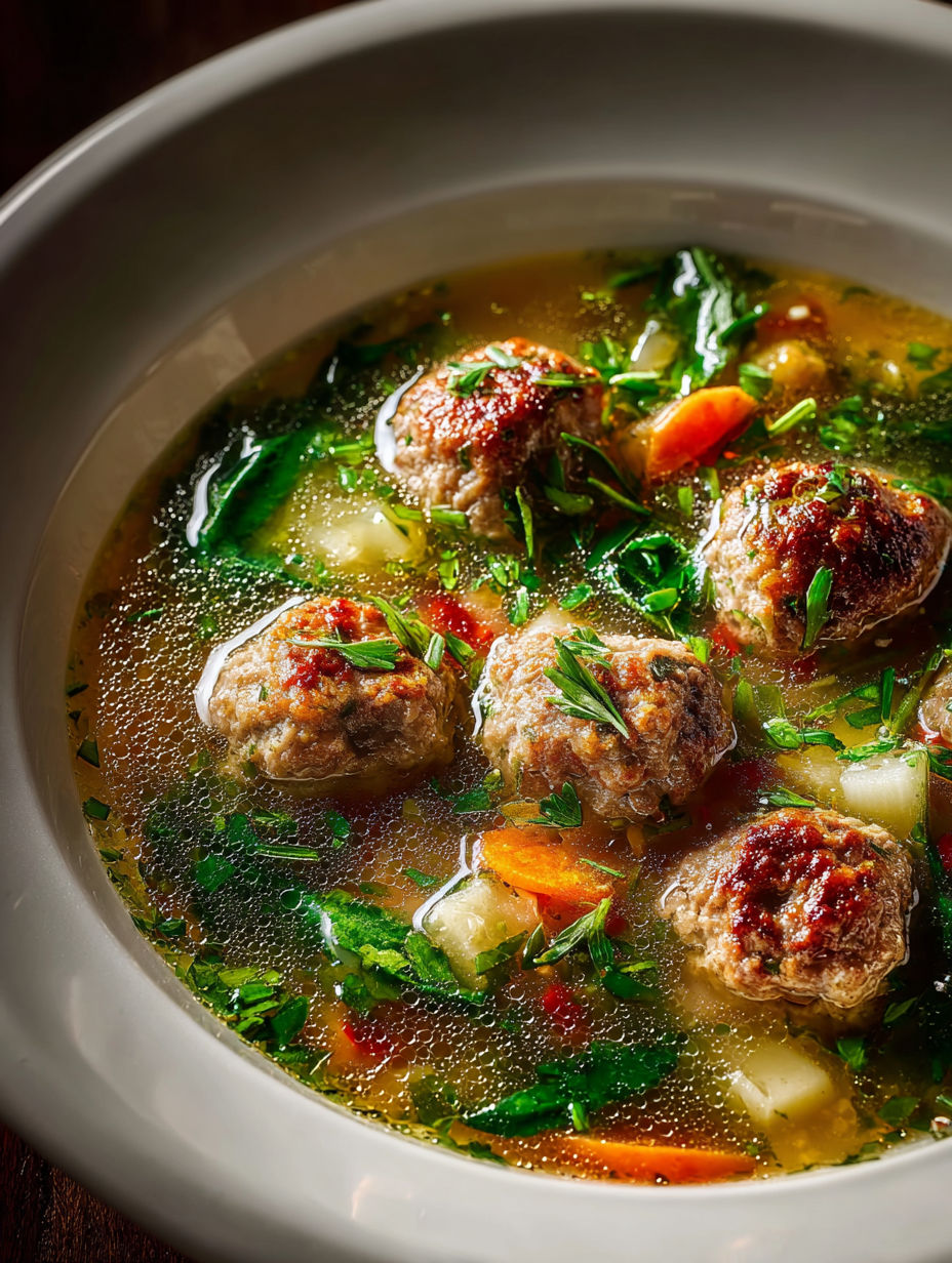A bowl of soup with meatballs and greens.
