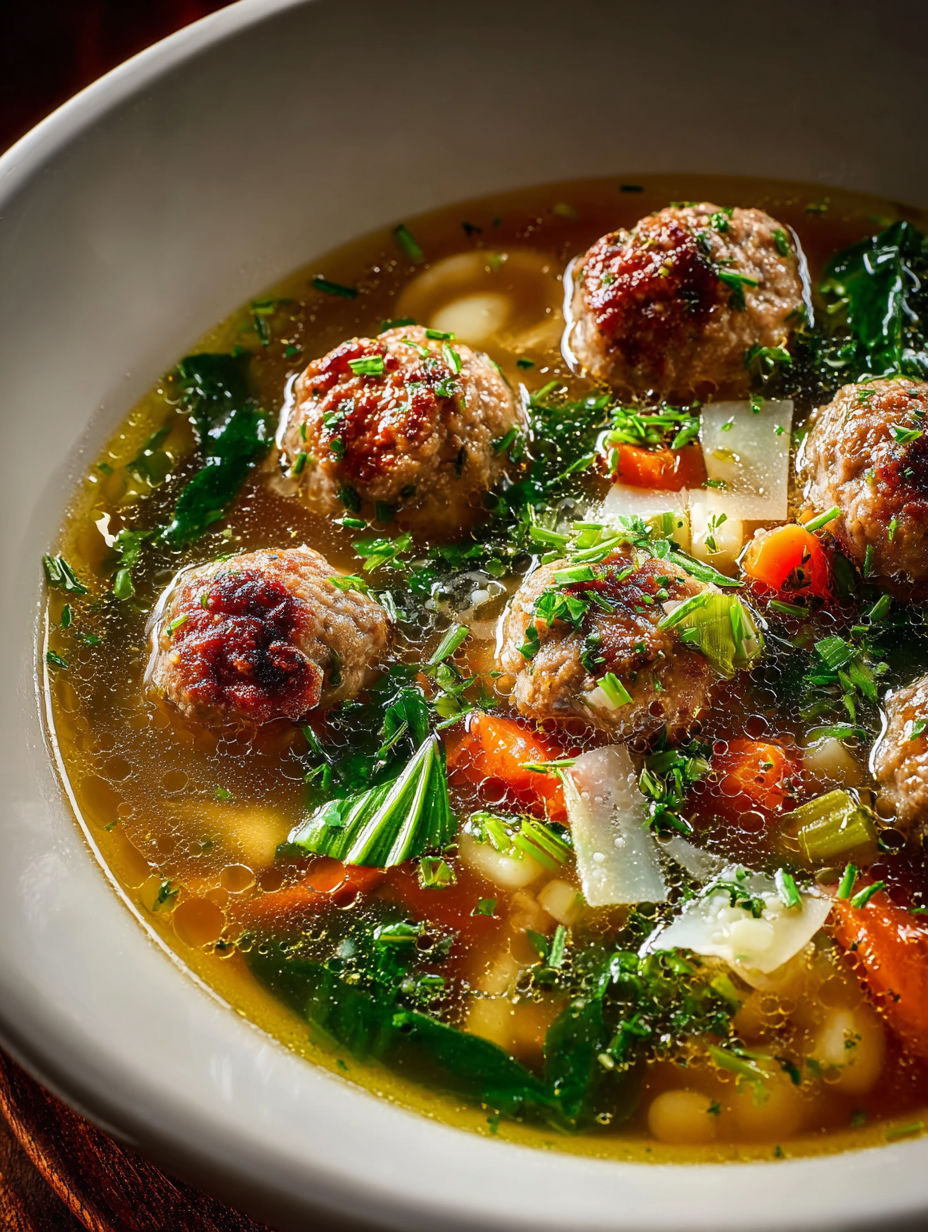 A bowl of soup with meatballs and vegetables.