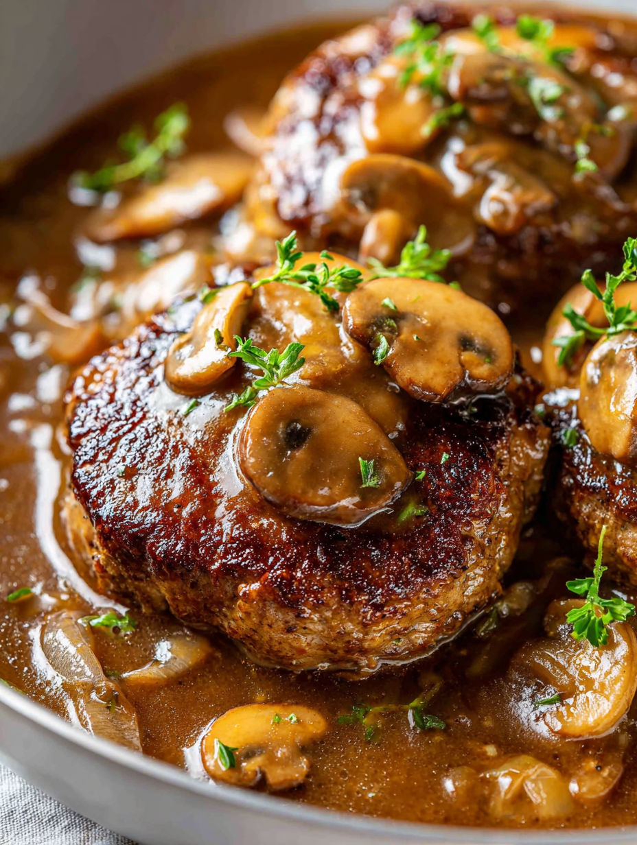 A close up of a piece of meat with mushrooms on top.