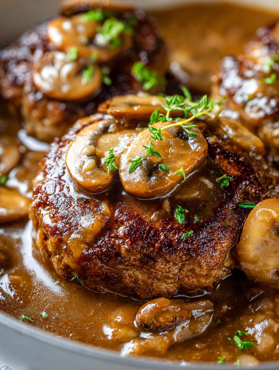 A piece of meat with mushrooms on top.